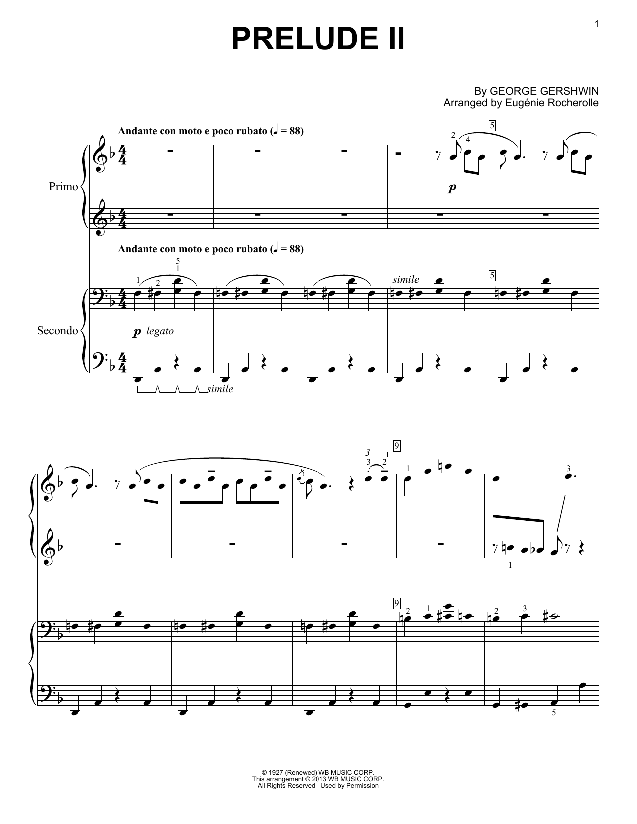 Download George Gershwin Prelude II (Andante Con Moto E Poco Rubato) Sheet Music and learn how to play Piano Duet PDF digital score in minutes