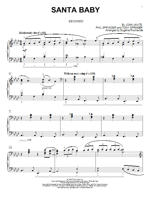 Download Eugenie Rocherolle Santa Baby Sheet Music and learn how to play Piano Duet PDF digital score in minutes