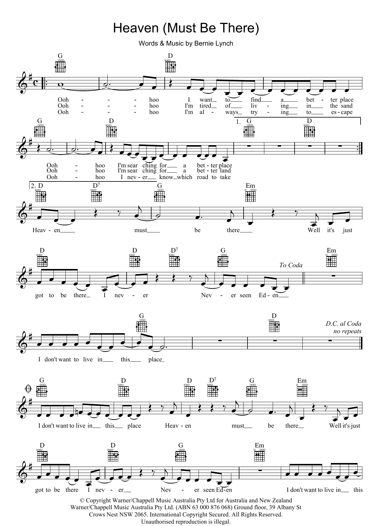 Download Eurogliders Heaven (Must Be There) Sheet Music and learn how to play Melody Line, Lyrics & Chords PDF digital score in minutes