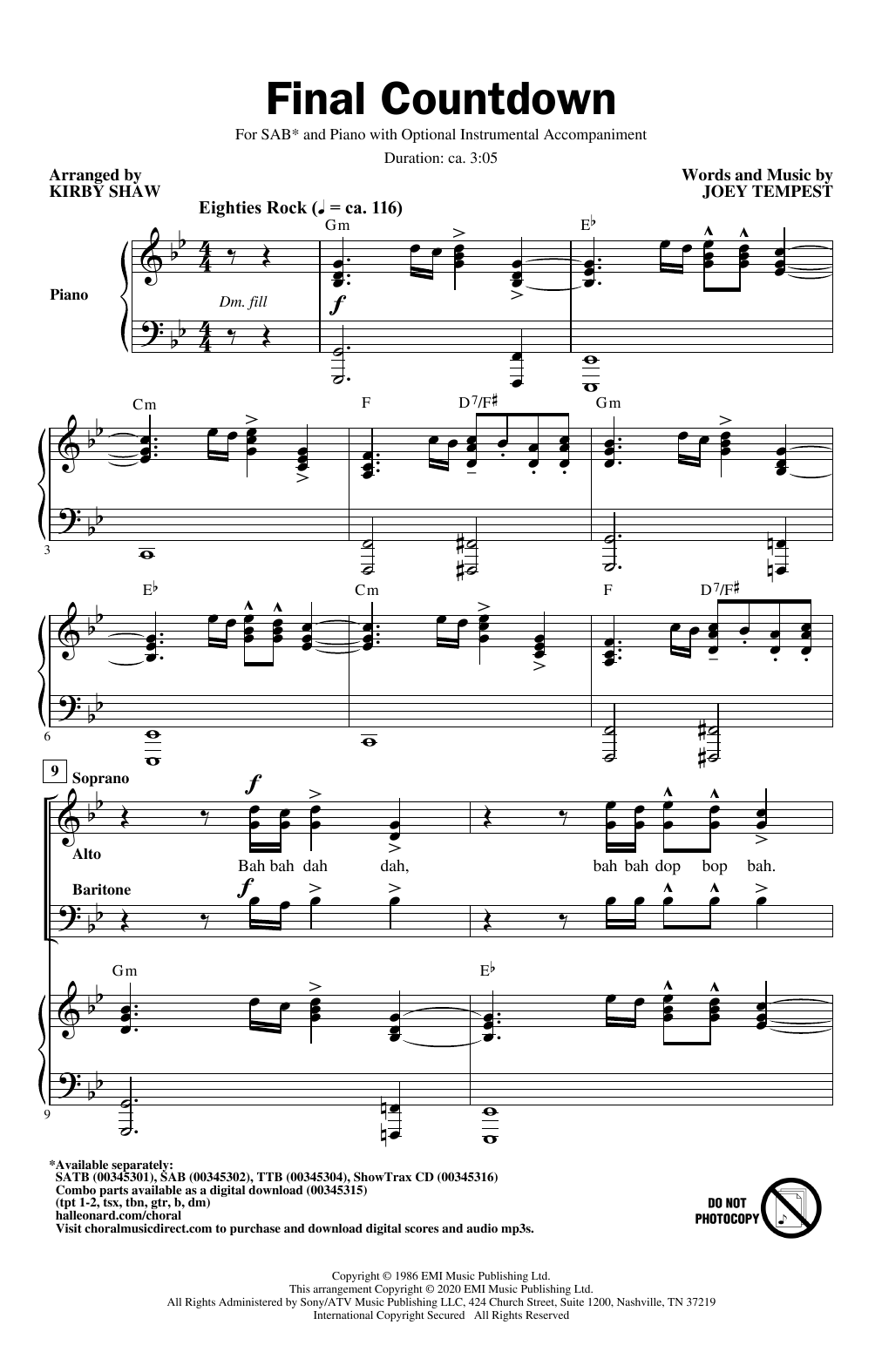 Download Europe Final Countdown (arr. Kirby Shaw) Sheet Music and learn how to play SAB Choir PDF digital score in minutes