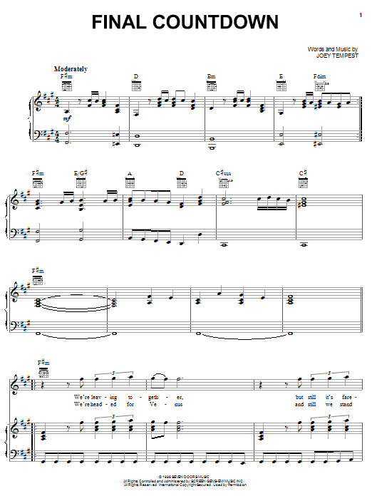 Download Joey Tempest The Final Countdown Sheet Music and learn how to play Melody Line, Lyrics & Chords PDF digital score in minutes
