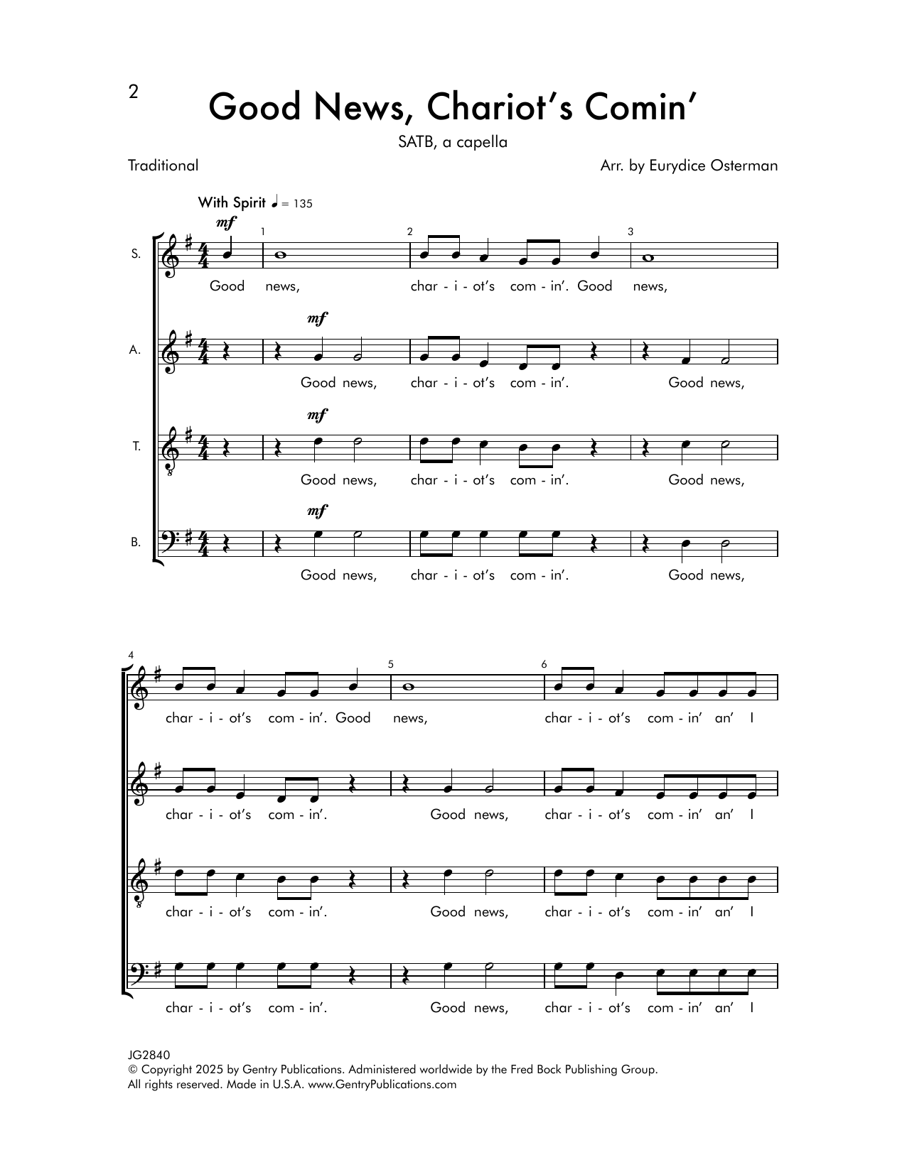 Download Eurydice V. Osterman Good News, Chariot's Comin' Sheet Music and learn how to play SATB Choir PDF digital score in minutes