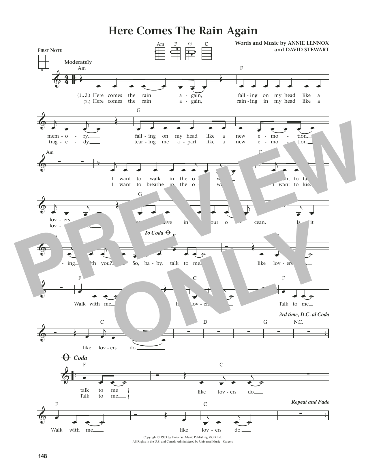 Download Eurythmics Here Comes The Rain Again (from The Daily Ukulele) (arr. Jim Beloff) Sheet Music and learn how to play Ukulele PDF digital score in minutes