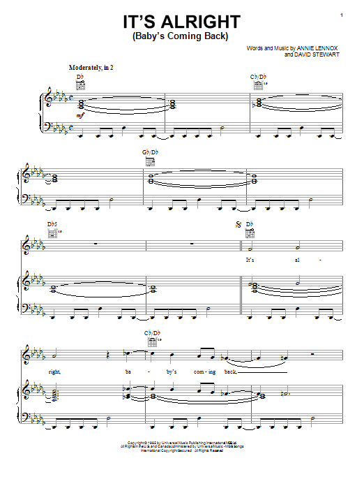 Download Eurythmics It's Alright (Baby's Coming Back) Sheet Music and learn how to play Piano, Vocal & Guitar (Right-Hand Melody) PDF digital score in minutes