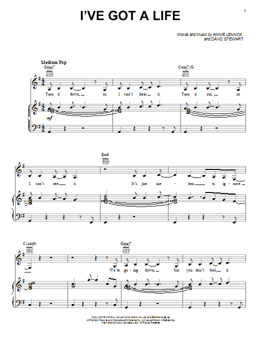 Download Eurythmics I've Got A Life Sheet Music and learn how to play Piano, Vocal & Guitar (Right-Hand Melody) PDF digital score in minutes