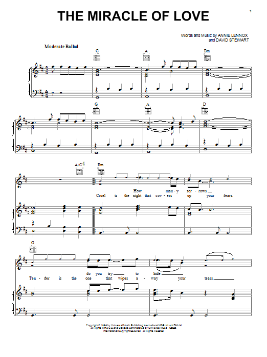 Download Eurythmics Miracle Of Love Sheet Music and learn how to play Piano, Vocal & Guitar (Right-Hand Melody) PDF digital score in minutes
