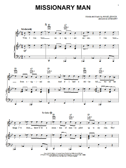 Download Eurythmics Missionary Man Sheet Music and learn how to play Piano, Vocal & Guitar (Right-Hand Melody) PDF digital score in minutes