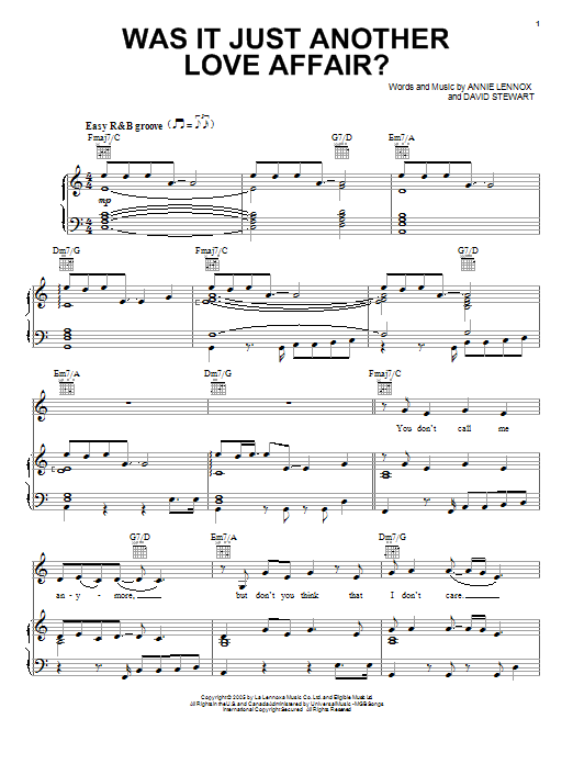 Download Eurythmics Was It Just Another Love Affair? Sheet Music and learn how to play Piano, Vocal & Guitar (Right-Hand Melody) PDF digital score in minutes