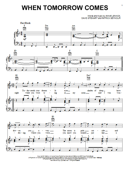 Download Eurythmics When Tomorrow Comes Sheet Music and learn how to play Piano, Vocal & Guitar (Right-Hand Melody) PDF digital score in minutes