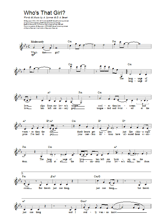 Download Eurythmics Who's That Girl? Sheet Music and learn how to play Melody Line, Lyrics & Chords PDF digital score in minutes