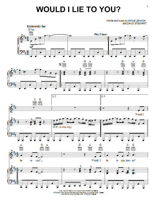 Download Eurythmics Would I Lie To You? Sheet Music and learn how to play Piano, Vocal & Guitar (Right-Hand Melody) PDF digital score in minutes