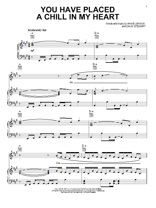 Download Eurythmics You Have Placed A Chill In My Heart Sheet Music and learn how to play Piano, Vocal & Guitar (Right-Hand Melody) PDF digital score in minutes