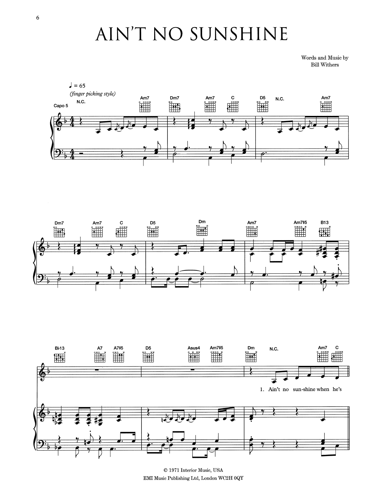 Download Eva Cassidy Ain't No Sunshine Sheet Music and learn how to play Piano, Vocal & Guitar Chords (Right-Hand Melody) PDF digital score in minutes