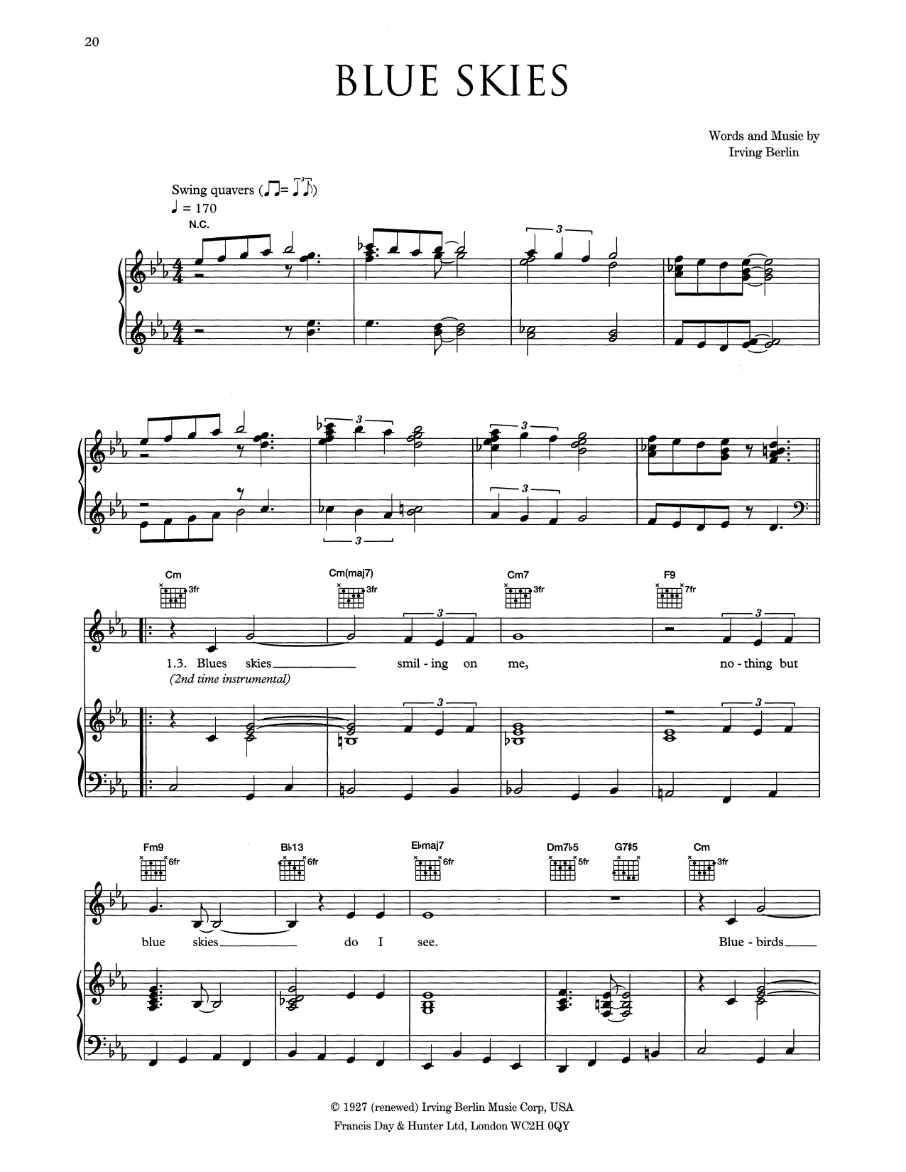 Download Eva Cassidy Blue Skies Sheet Music and learn how to play Piano, Vocal & Guitar Chords (Right-Hand Melody) PDF digital score in minutes