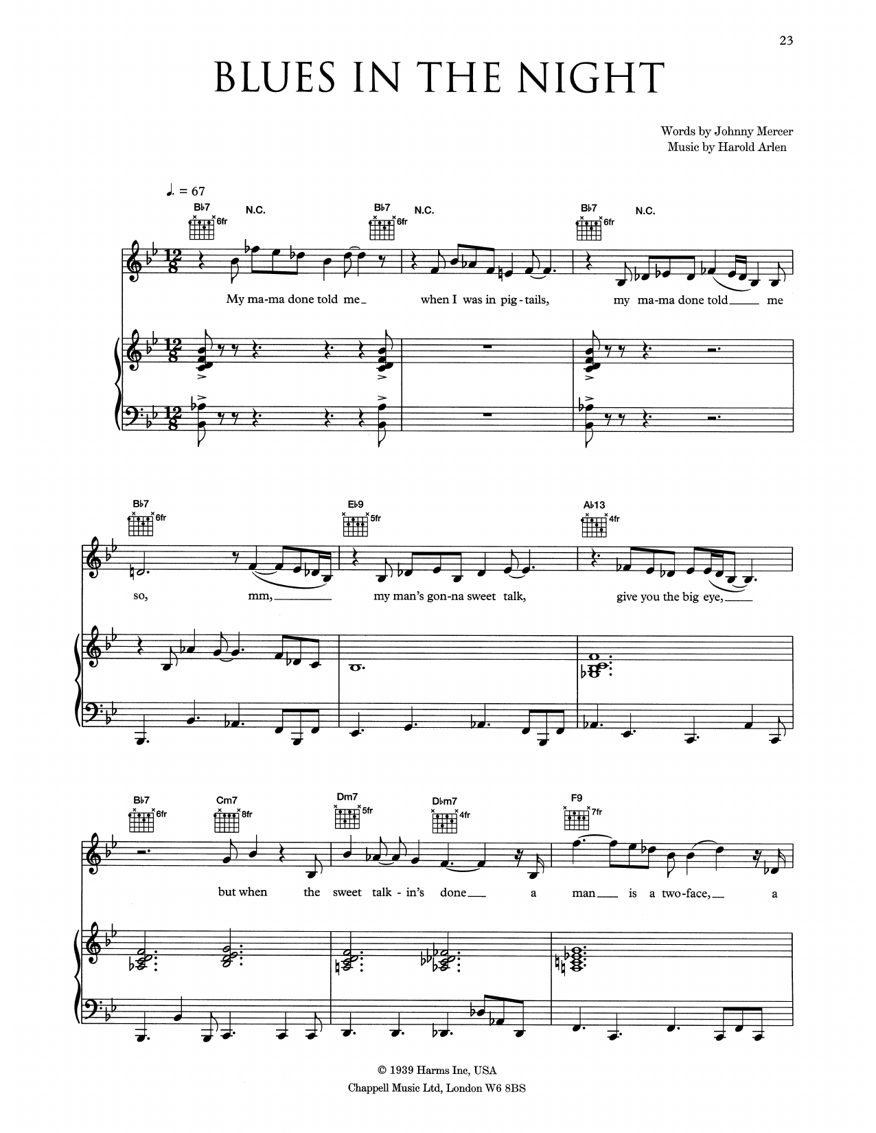 Download Eva Cassidy Blues In The Night Sheet Music and learn how to play Piano, Vocal & Guitar Chords (Right-Hand Melody) PDF digital score in minutes
