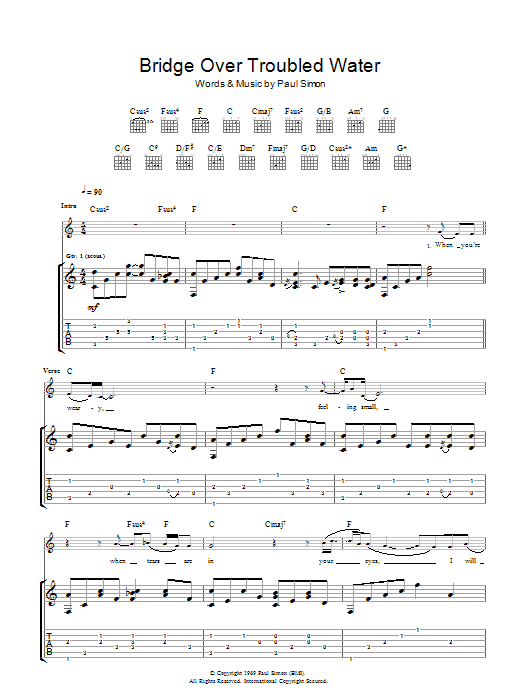 Download Eva Cassidy Bridge Over Troubled Water Sheet Music and learn how to play Guitar Tab PDF digital score in minutes