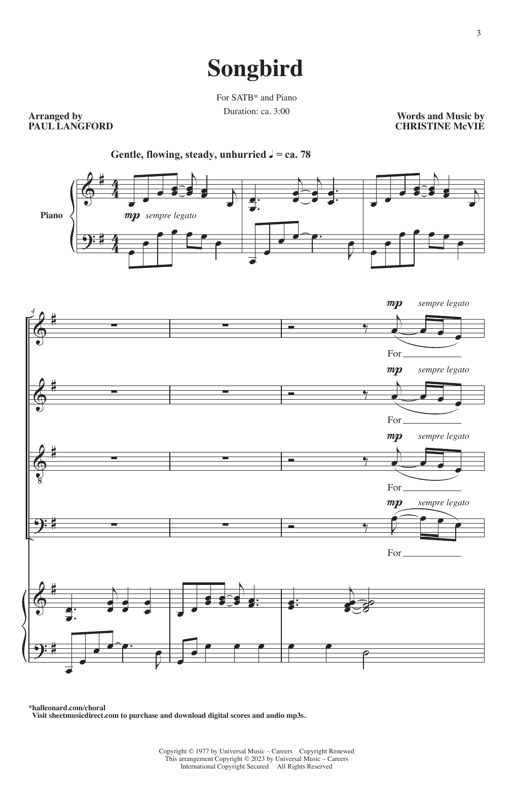 Download Eva Cassidy Songbird (arr. Paul Langford) Sheet Music and learn how to play SATB Choir PDF digital score in minutes