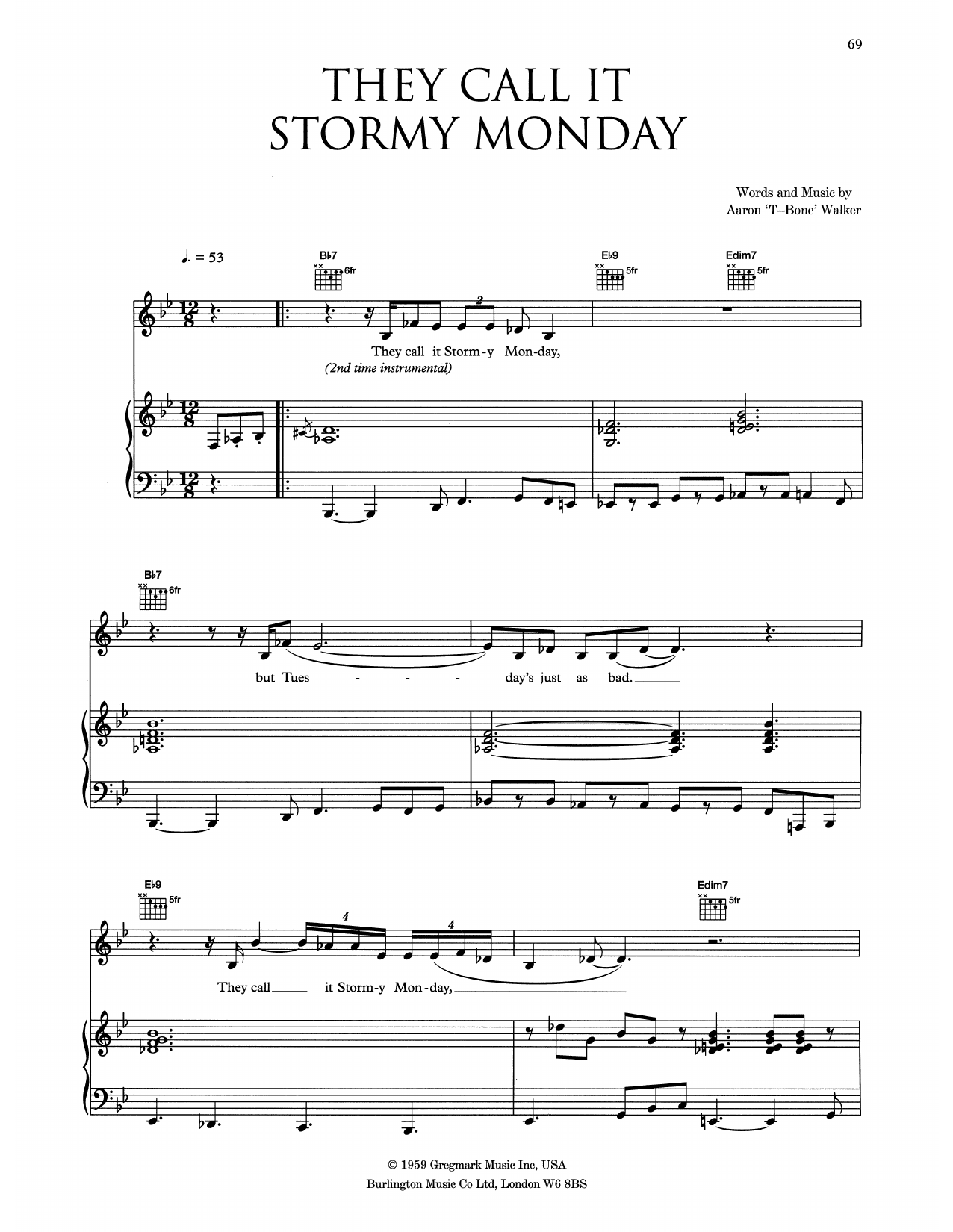 Download Eva Cassidy (They Call It) Stormy Monday (Stormy Monday Blues) Sheet Music and learn how to play Piano, Vocal & Guitar Chords (Right-Hand Melody) PDF digital score in minutes