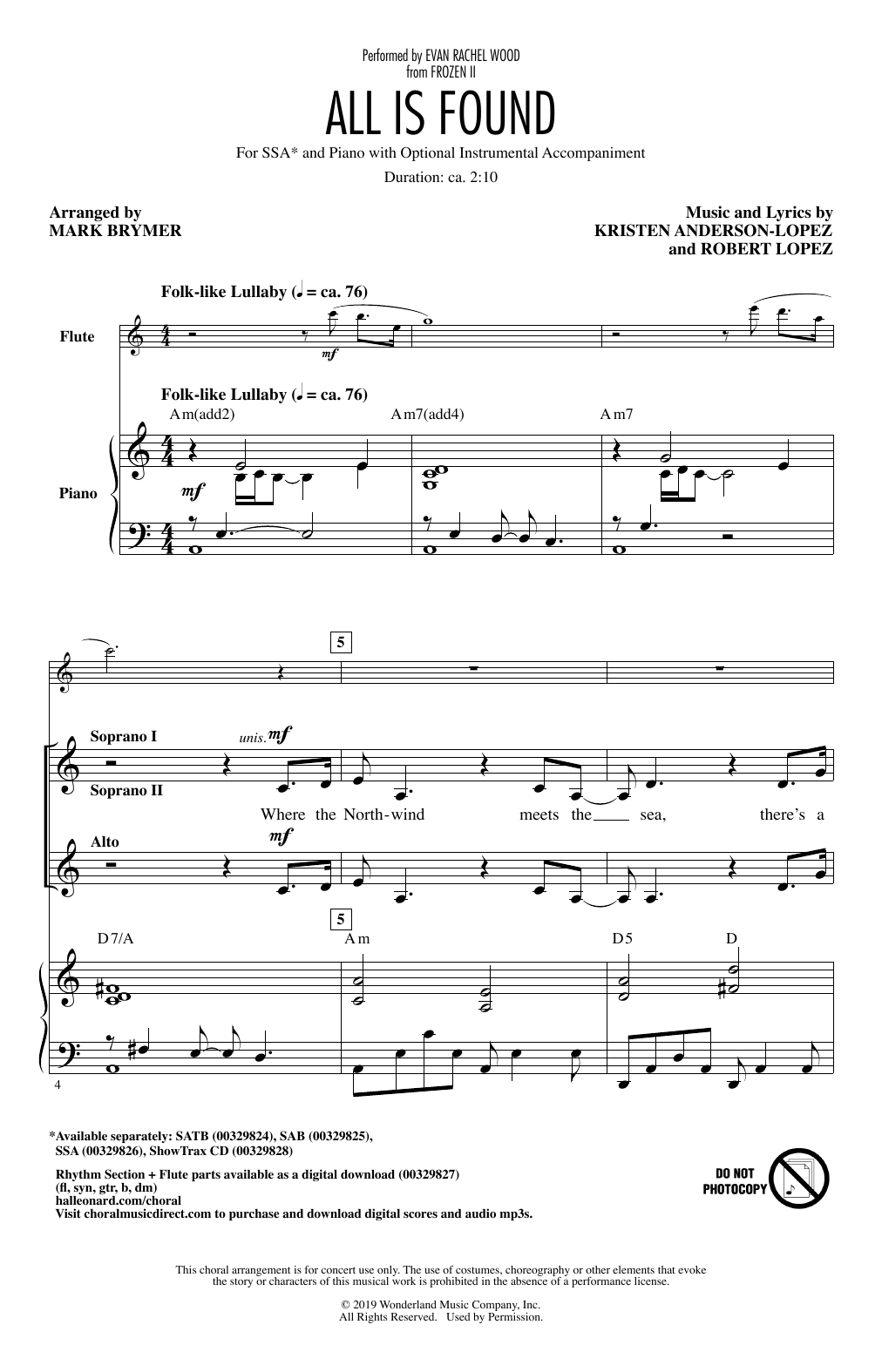 Download Evan Rachel Wood All Is Found (from Disney's Frozen 2) (arr. Mark Brymer) Sheet Music and learn how to play SSA Choir PDF digital score in minutes