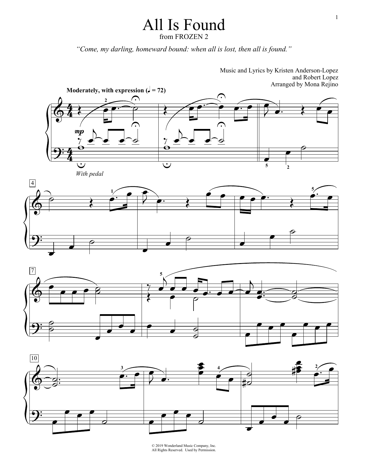 Download Evan Rachel Wood All Is Found (from Disney's Frozen 2) (arr. Mona Rejino) Sheet Music and learn how to play Educational Piano PDF digital score in minutes