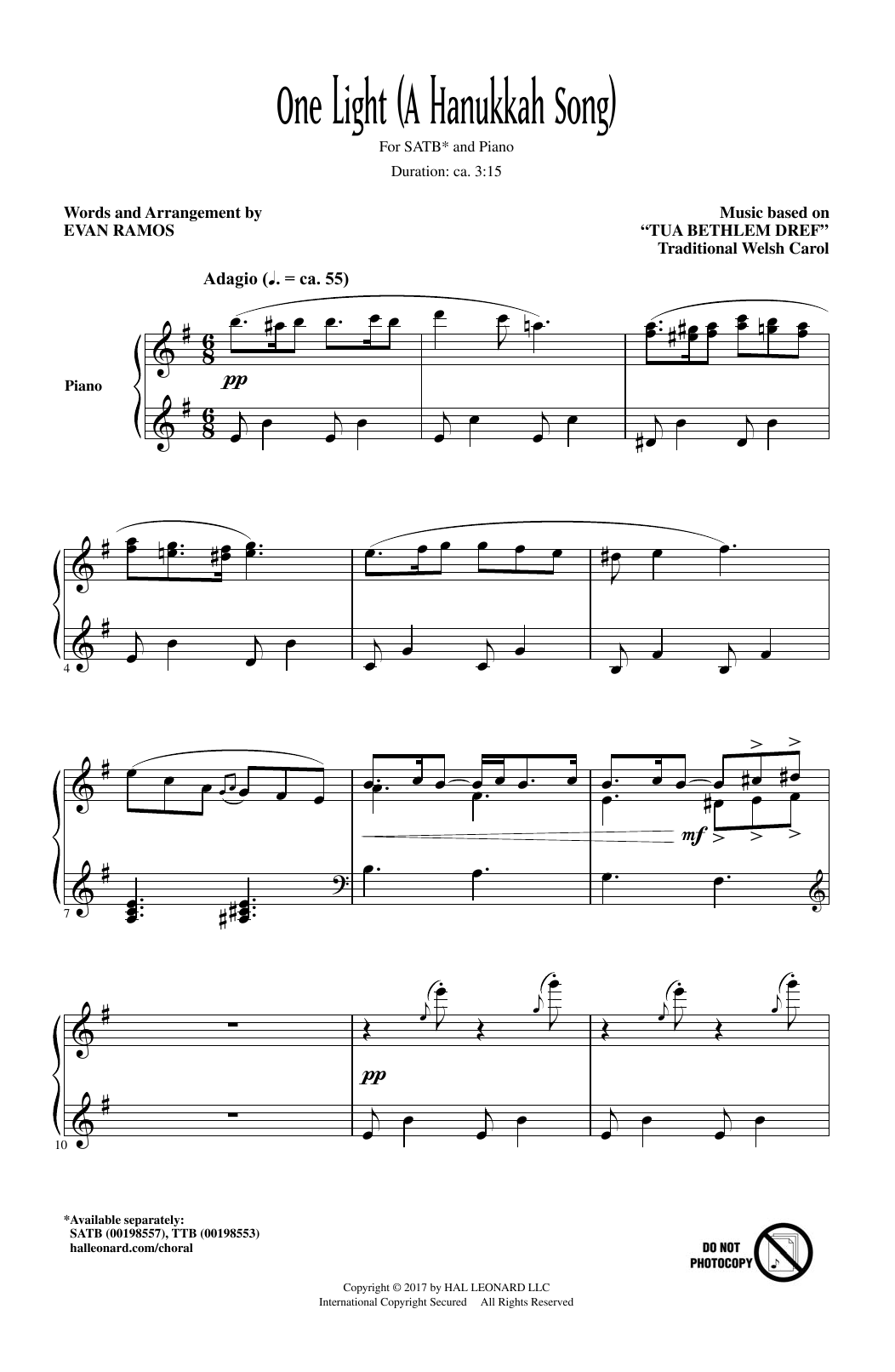 Download Evan Ramos One Light (A Hanukkah Song) Sheet Music and learn how to play TTBB PDF digital score in minutes