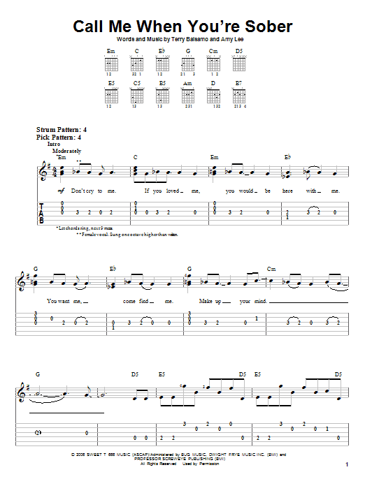 Download Evanescence Call Me When You're Sober Sheet Music and learn how to play Easy Guitar Tab PDF digital score in minutes