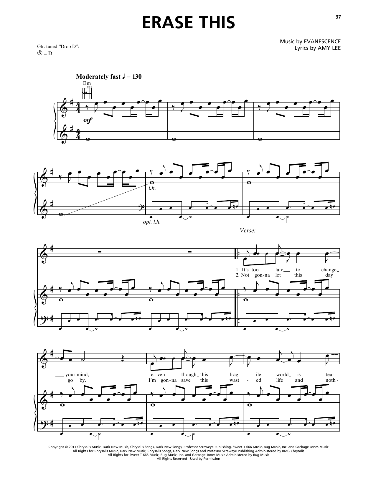 Download Evanescence Erase This Sheet Music and learn how to play Piano, Vocal & Guitar Chords (Right-Hand Melody) PDF digital score in minutes