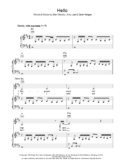 Download Evanescence Hello Sheet Music and learn how to play Piano, Vocal & Guitar PDF digital score in minutes