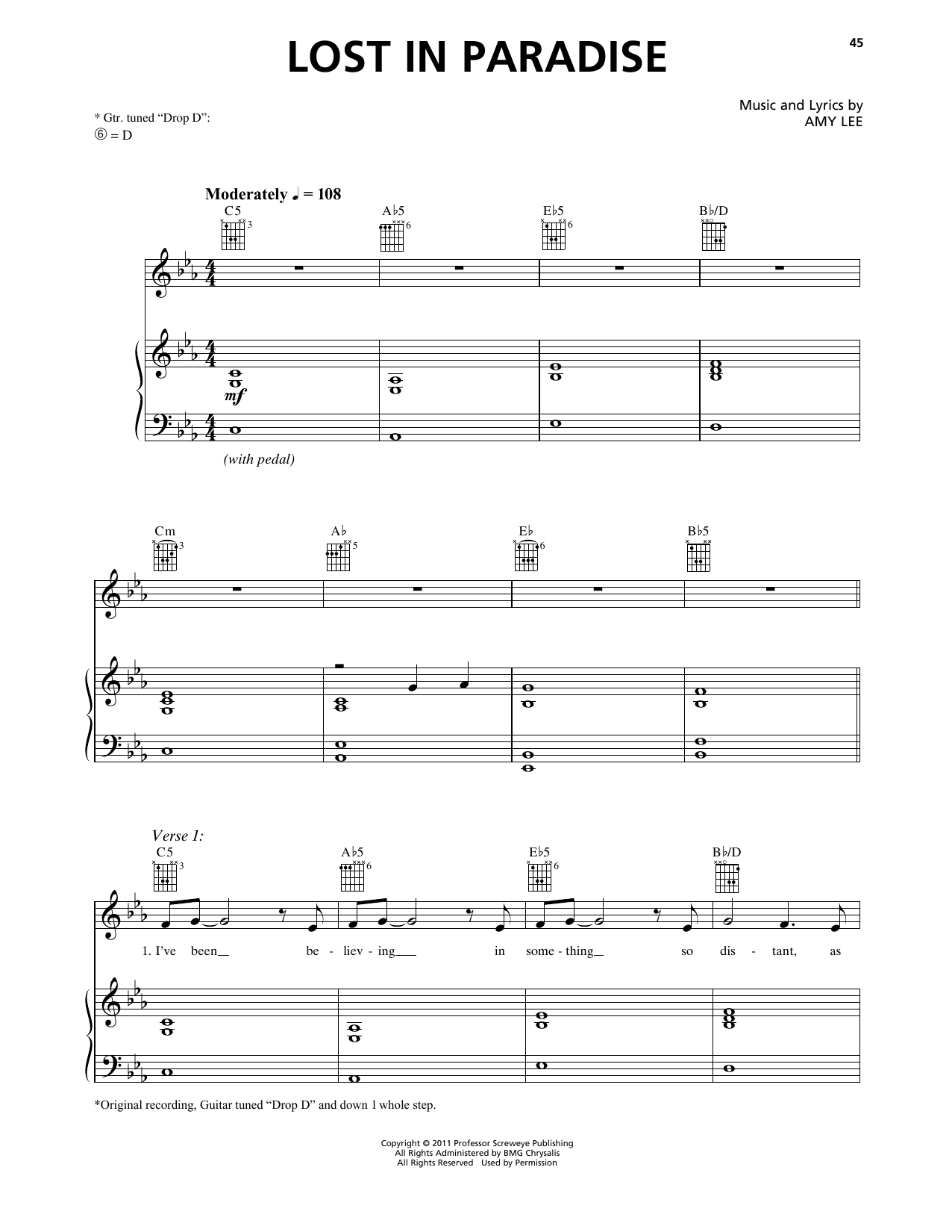Download Evanescence Lost In Paradise Sheet Music and learn how to play Piano, Vocal & Guitar Chords (Right-Hand Melody) PDF digital score in minutes
