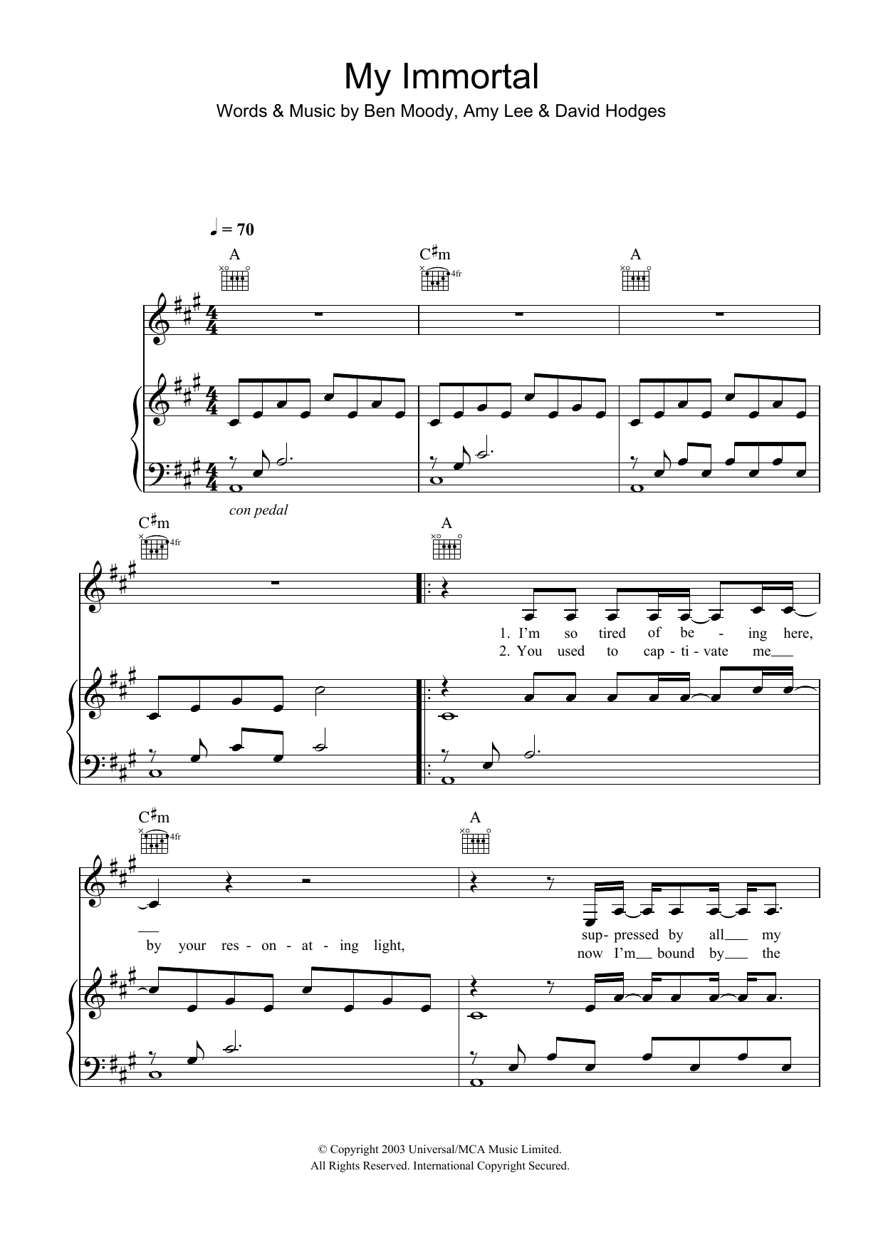 Download Evanescence My Immortal Sheet Music and learn how to play Very Easy Piano PDF digital score in minutes
