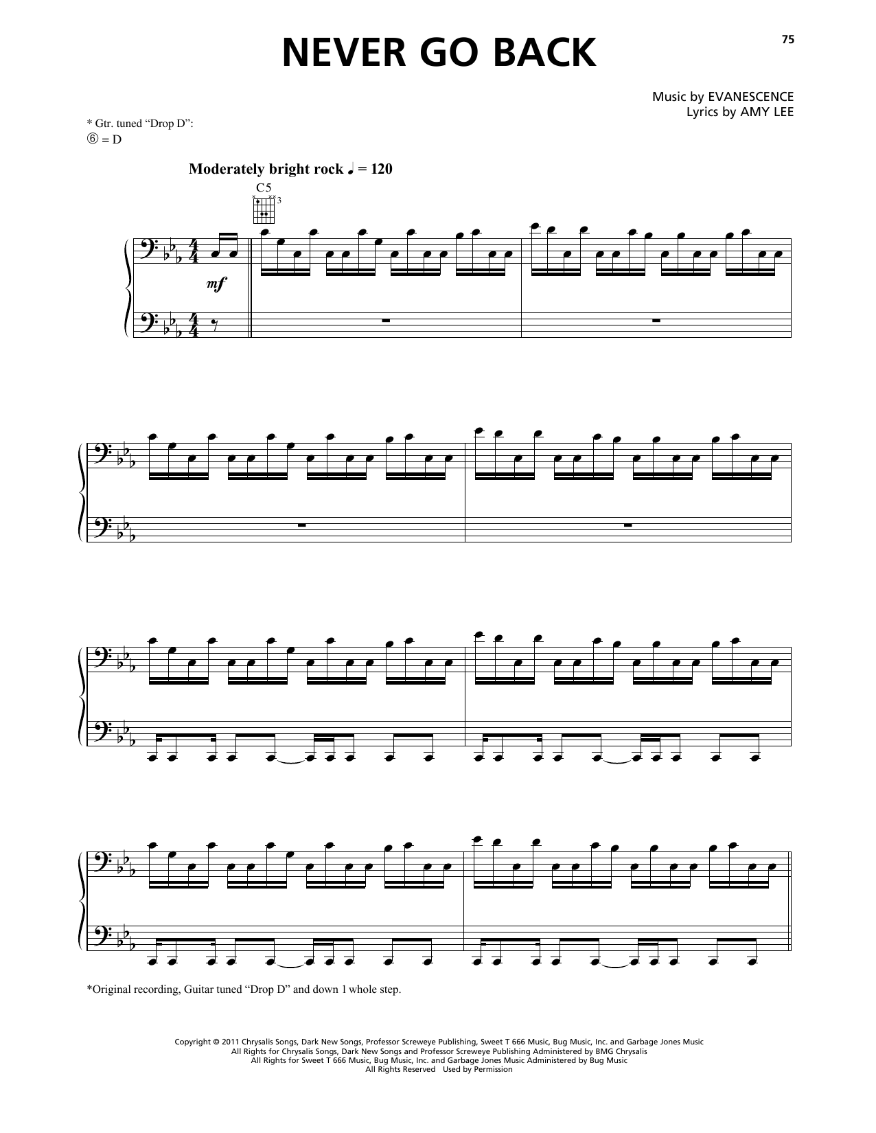 Download Evanescence Never Go Back Sheet Music and learn how to play Piano, Vocal & Guitar Chords (Right-Hand Melody) PDF digital score in minutes