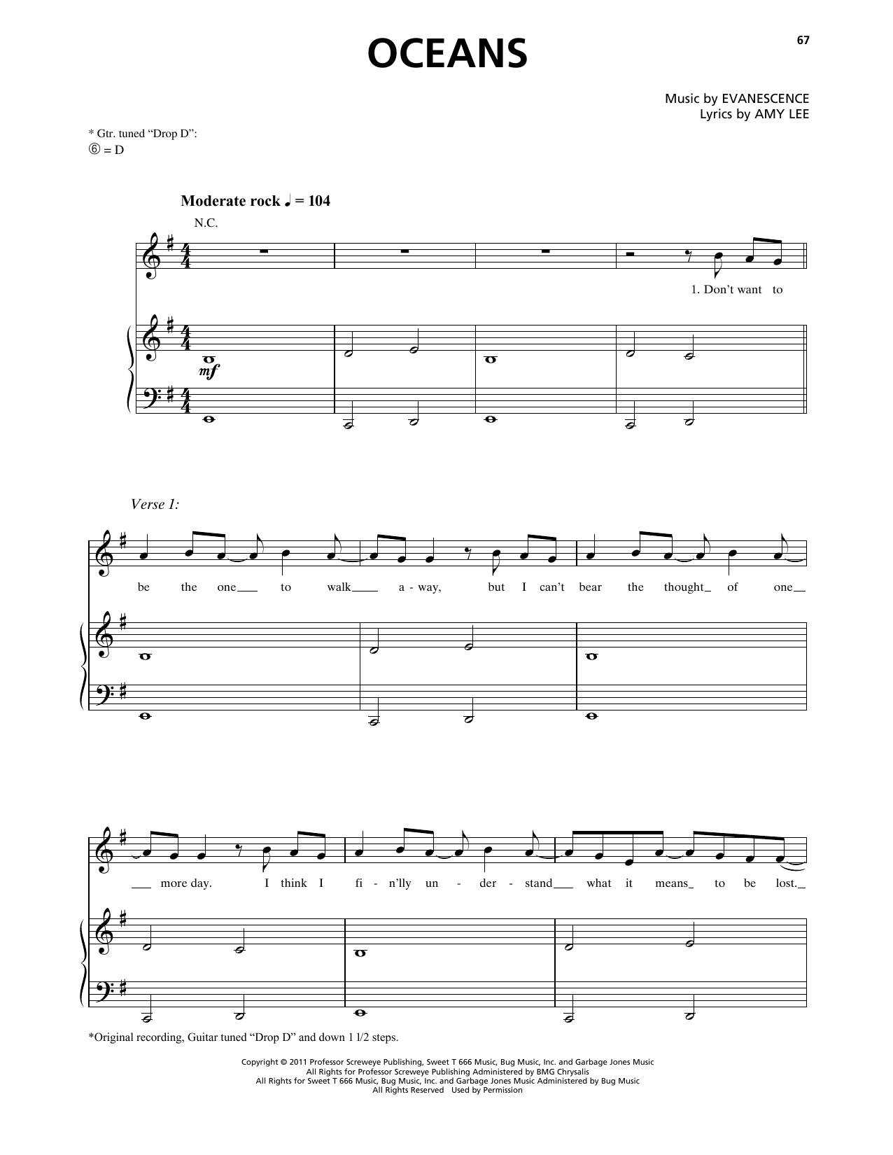 Download Evanescence Oceans Sheet Music and learn how to play Piano, Vocal & Guitar Chords (Right-Hand Melody) PDF digital score in minutes