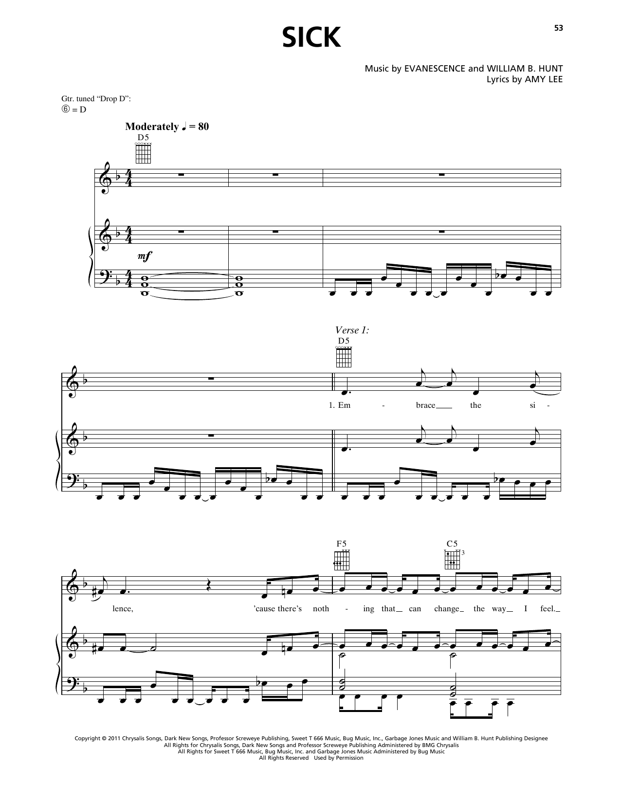 Download Evanescence Sick Sheet Music and learn how to play Piano, Vocal & Guitar Chords (Right-Hand Melody) PDF digital score in minutes