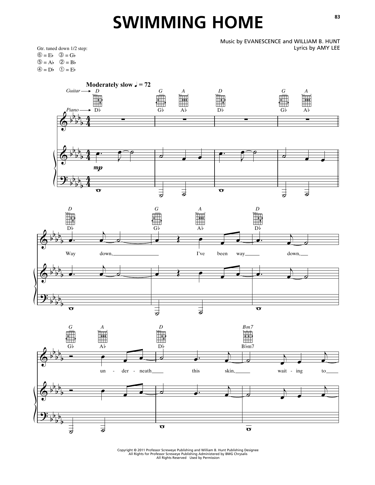 Download Evanescence Swimming Home Sheet Music and learn how to play Piano, Vocal & Guitar Chords (Right-Hand Melody) PDF digital score in minutes