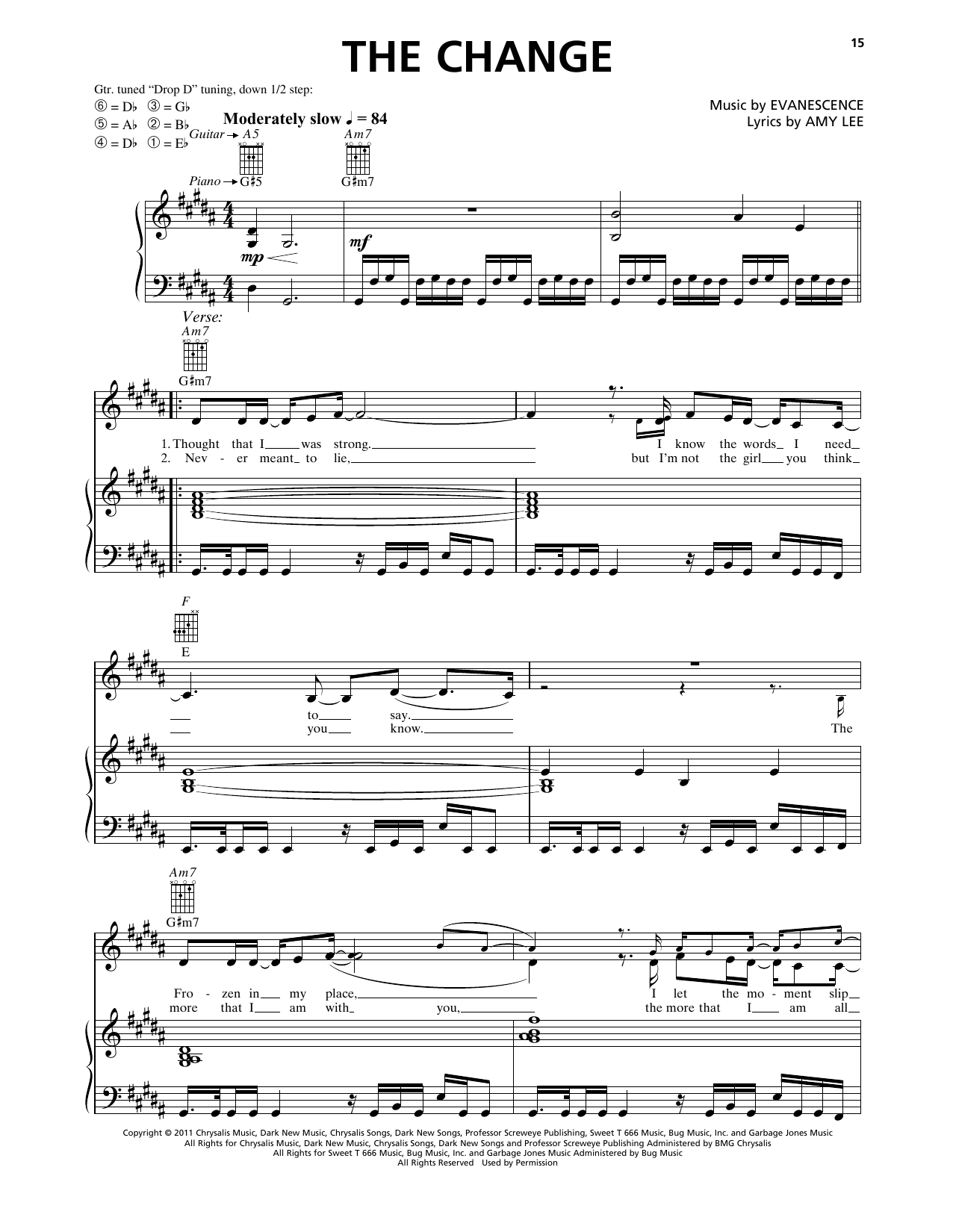 Download Evanescence The Change Sheet Music and learn how to play Piano, Vocal & Guitar Chords (Right-Hand Melody) PDF digital score in minutes