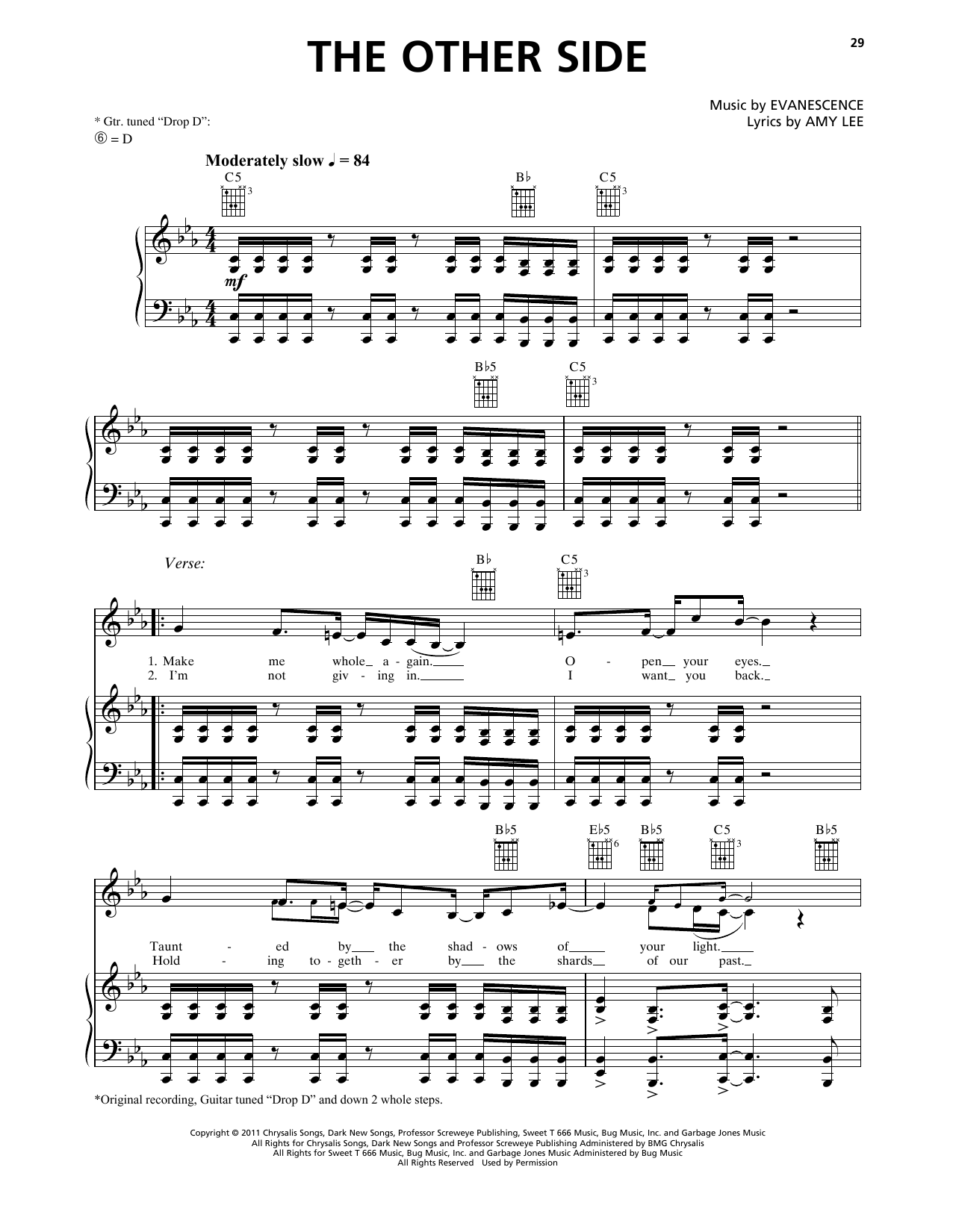 Download Evanescence The Other Side Sheet Music and learn how to play Piano, Vocal & Guitar Chords (Right-Hand Melody) PDF digital score in minutes