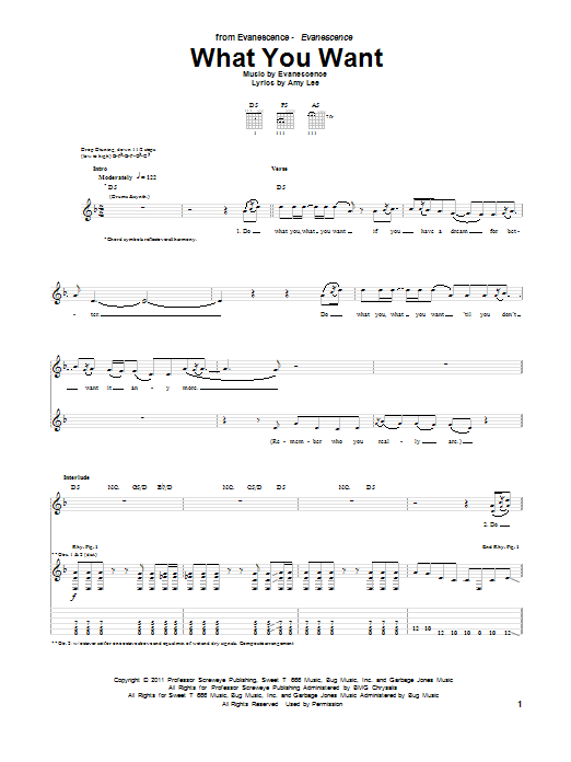 Download Evanescence What You Want Sheet Music and learn how to play Guitar Tab PDF digital score in minutes