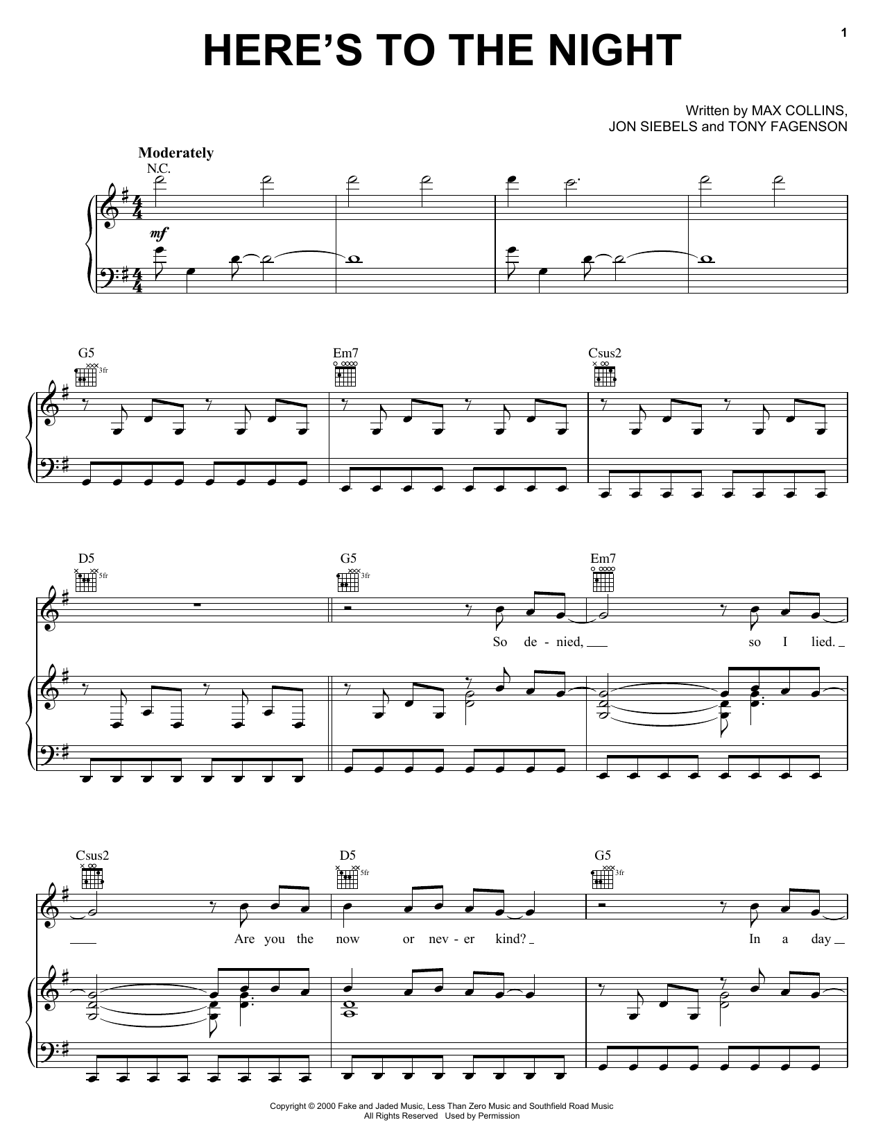 Download Eve 6 Here's To The Night Sheet Music and learn how to play Piano, Vocal & Guitar Chords (Right-Hand Melody) PDF digital score in minutes