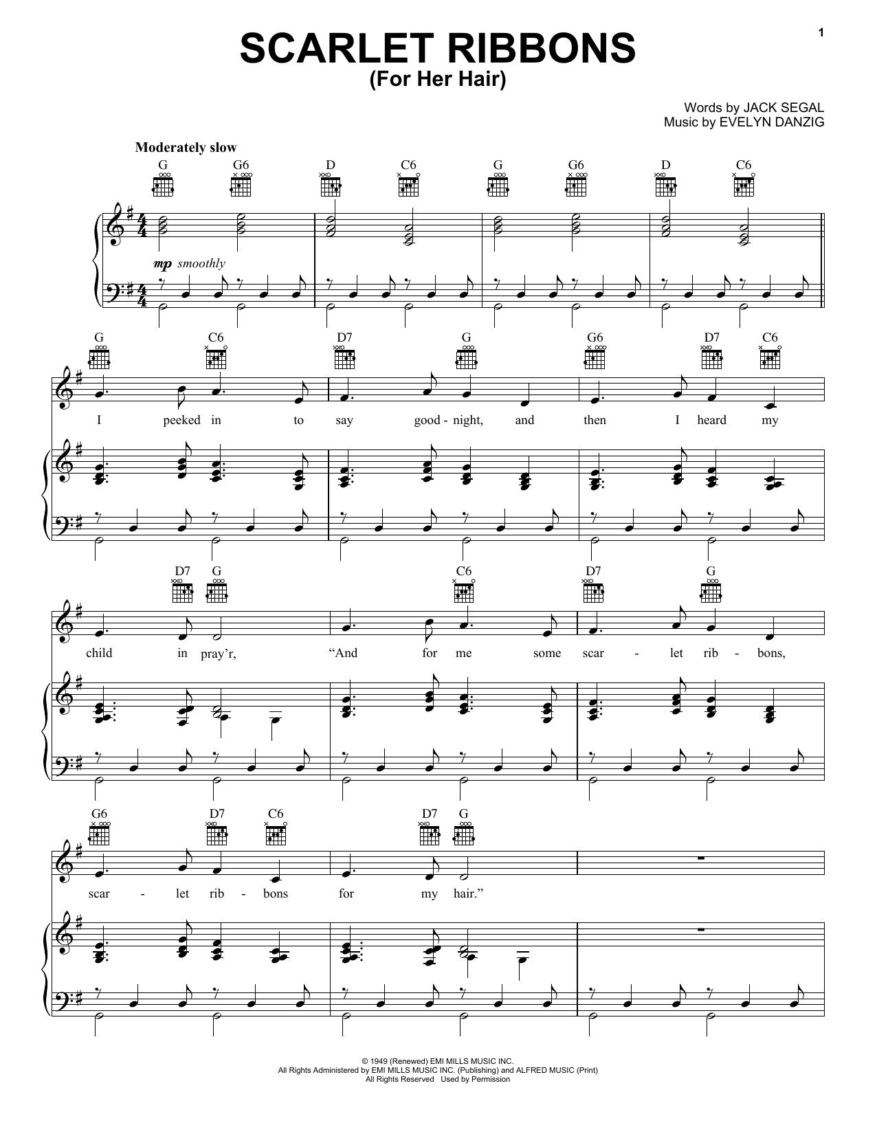 Download Evelyn Danzig Scarlet Ribbons (For Her Hair) Sheet Music and learn how to play Piano, Vocal & Guitar (Right-Hand Melody) PDF digital score in minutes