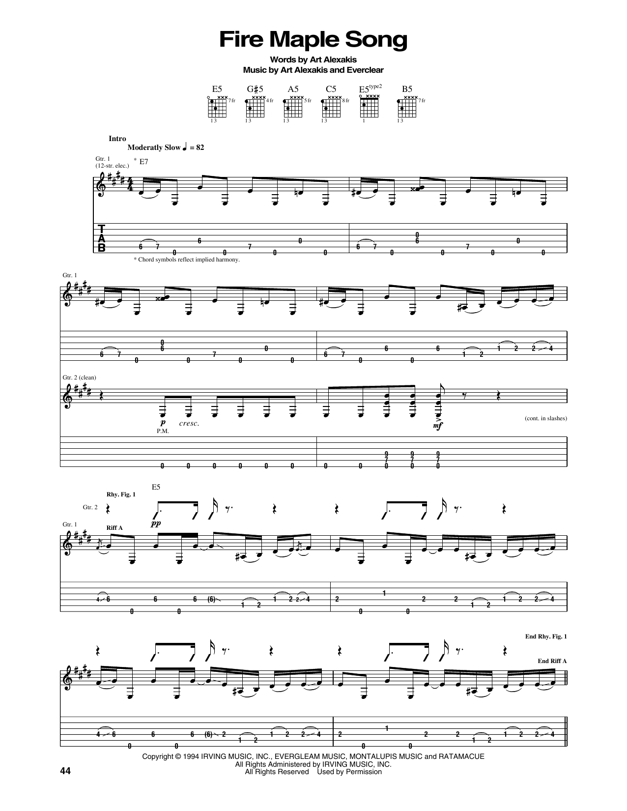 Download Everclear Fire Maple Song Sheet Music and learn how to play Guitar Tab PDF digital score in minutes