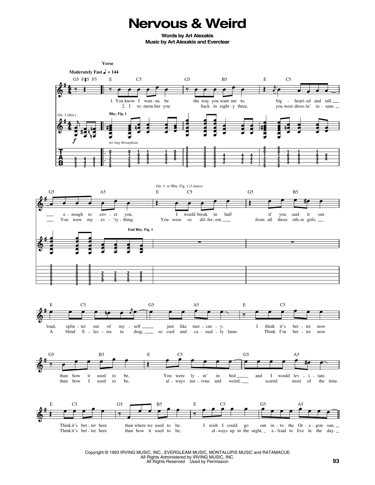 Download Everclear Nervous & Weird Sheet Music and learn how to play Guitar Tab PDF digital score in minutes