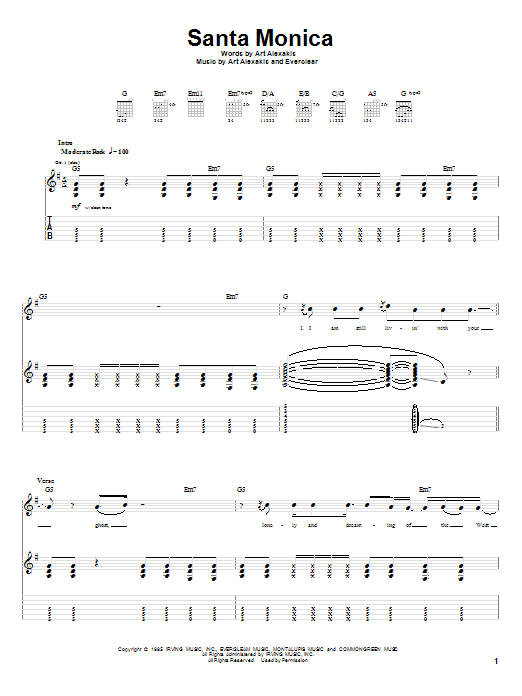 Download Everclear Santa Monica Sheet Music and learn how to play Guitar Tab PDF digital score in minutes