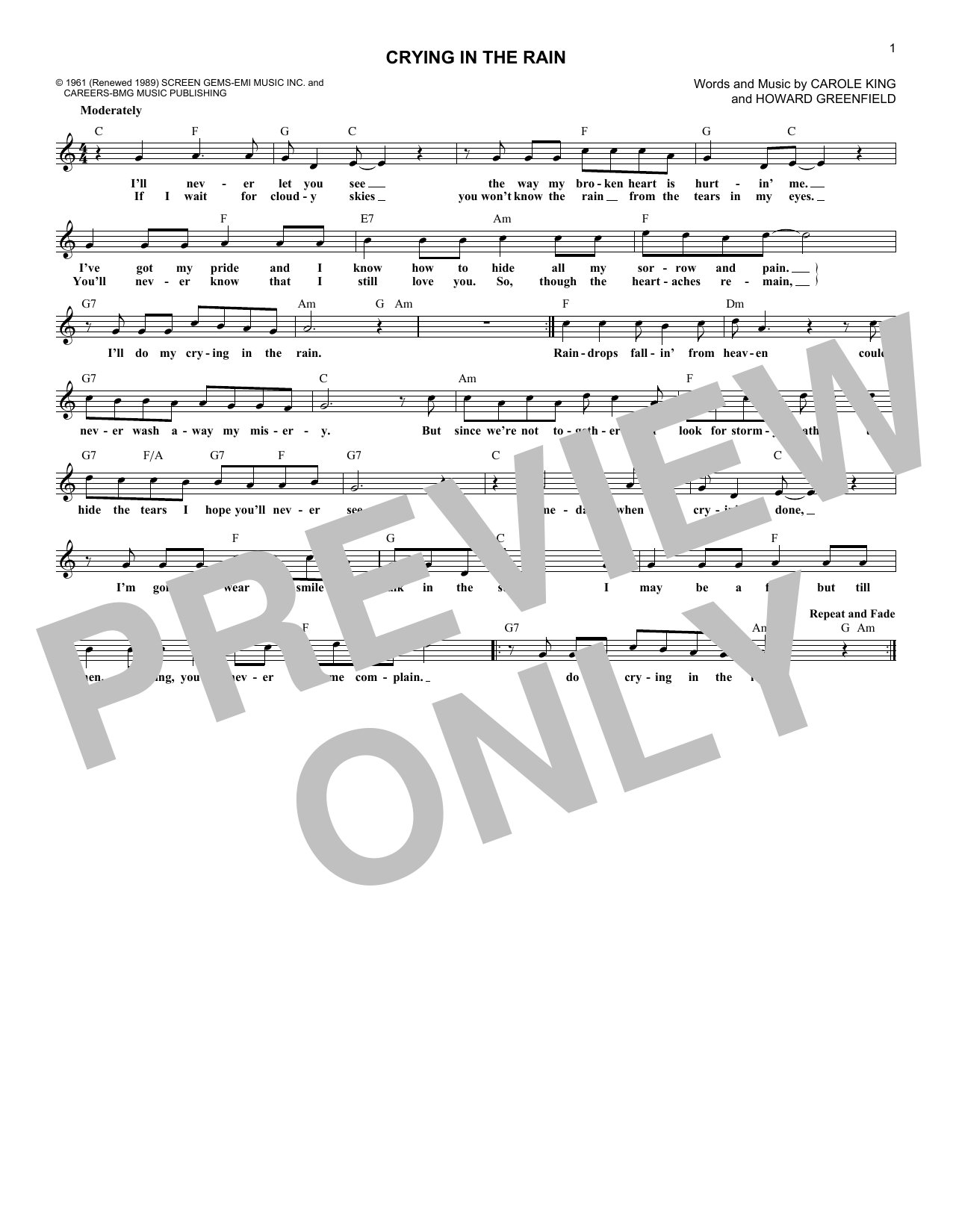 Download Everly Brothers Crying In The Rain Sheet Music and learn how to play Melody Line, Lyrics & Chords PDF digital score in minutes