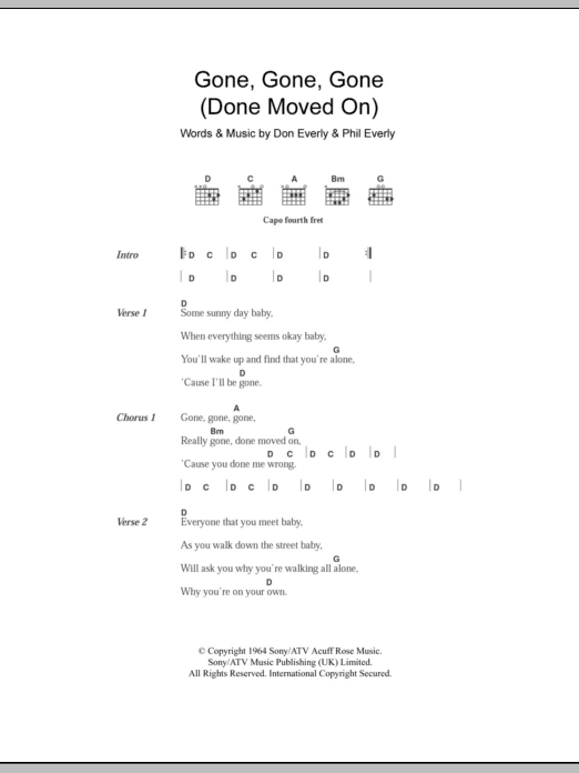 Download The Everly Brothers Gone, Gone, Gone (Done Moved On) Sheet Music and learn how to play Lyrics & Chords PDF digital score in minutes