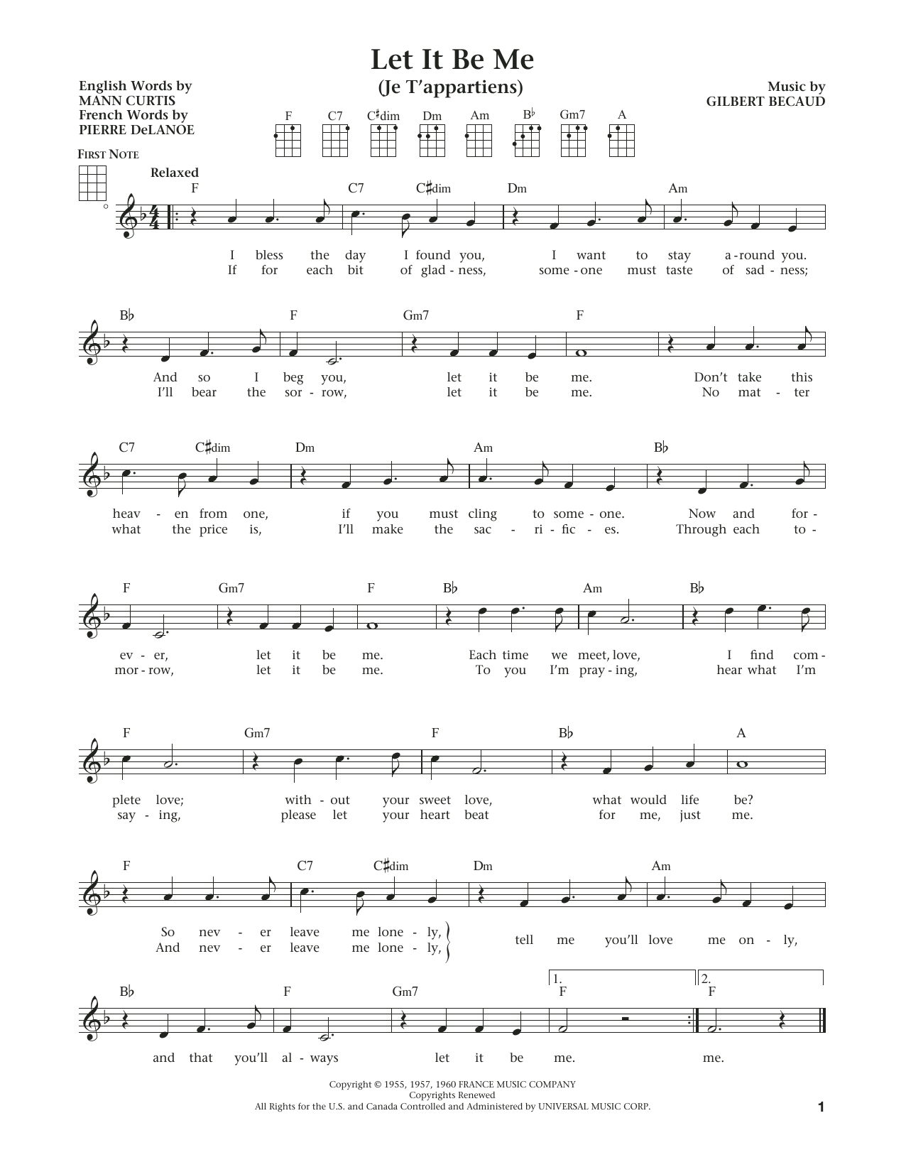 Download Everly Brothers Let It Be Me (Je T'appartiens) Sheet Music and learn how to play Ukulele PDF digital score in minutes