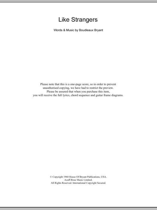 Download The Everly Brothers Like Strangers Sheet Music and learn how to play Lyrics & Chords PDF digital score in minutes