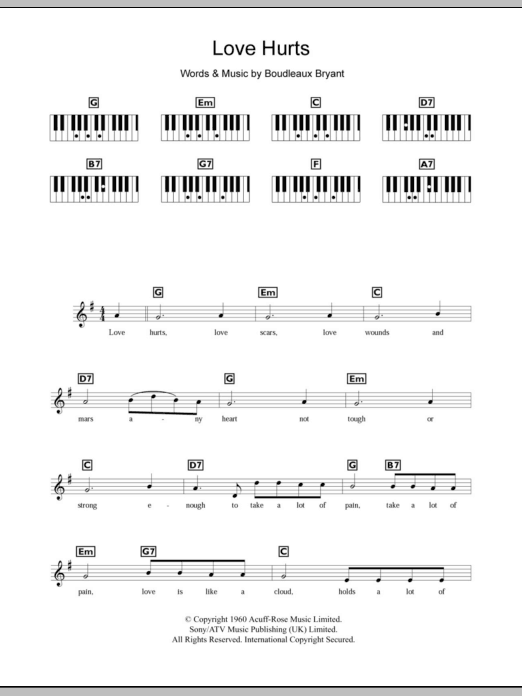 Download The Everly Brothers Love Hurts Sheet Music and learn how to play Keyboard PDF digital score in minutes
