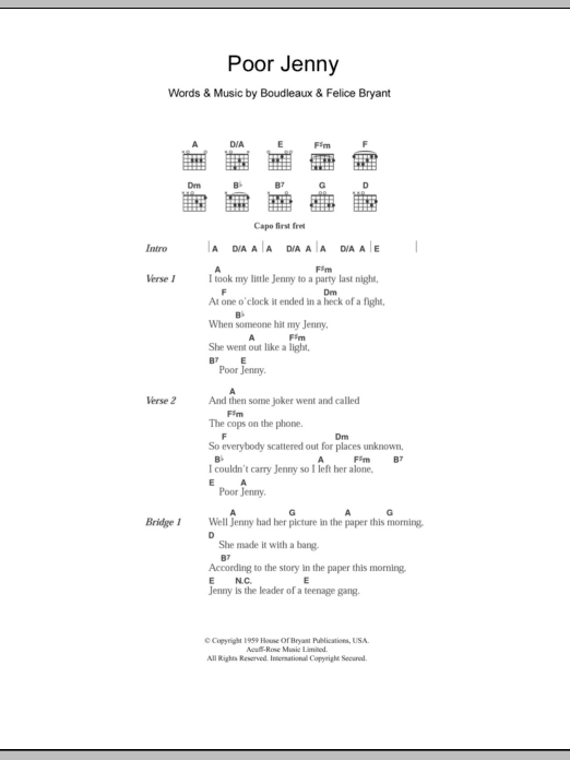 Download The Everly Brothers Poor Jenny Sheet Music and learn how to play Lyrics & Chords PDF digital score in minutes