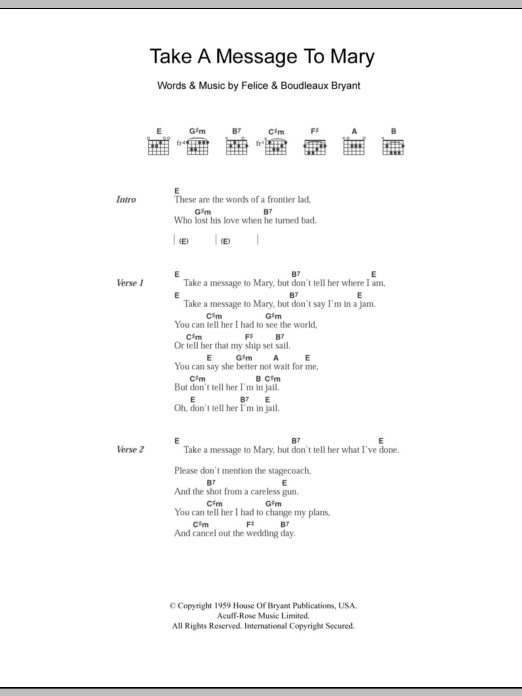 Download The Everly Brothers Take A Message To Mary Sheet Music and learn how to play Lyrics & Chords PDF digital score in minutes