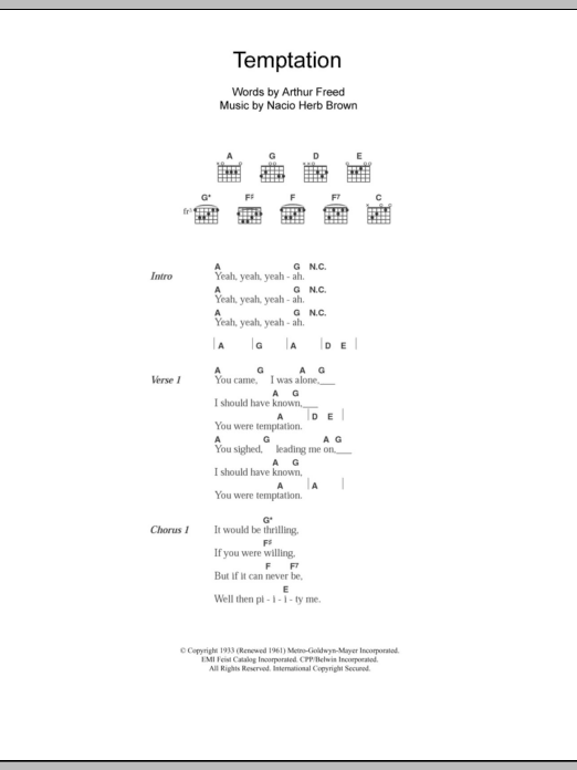 Download The Everly Brothers Temptation Sheet Music and learn how to play Lyrics & Chords PDF digital score in minutes